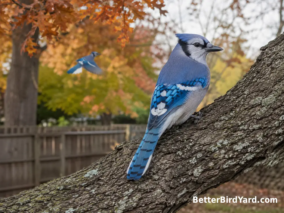 A Blue Jay sits on an oak branch while another jay flies above an autumn suburban yard.