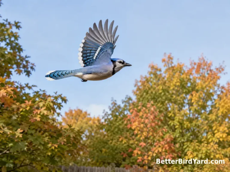 A Blue Jay flies above a suburban oak canopy with early autumn leaves.
