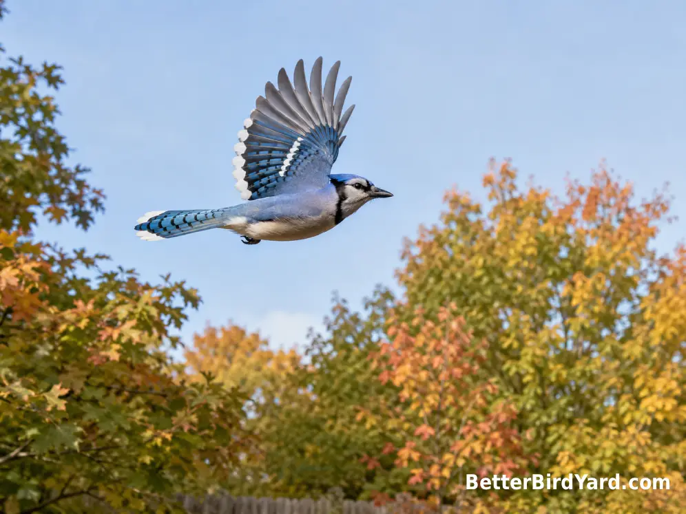 A Blue Jay flies above a suburban oak canopy with early autumn leaves.