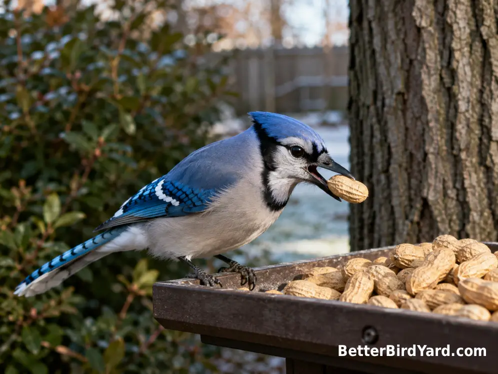 A Blue Jay takes an unsalted peanut from a clean tray feeder beside an oak tree.
