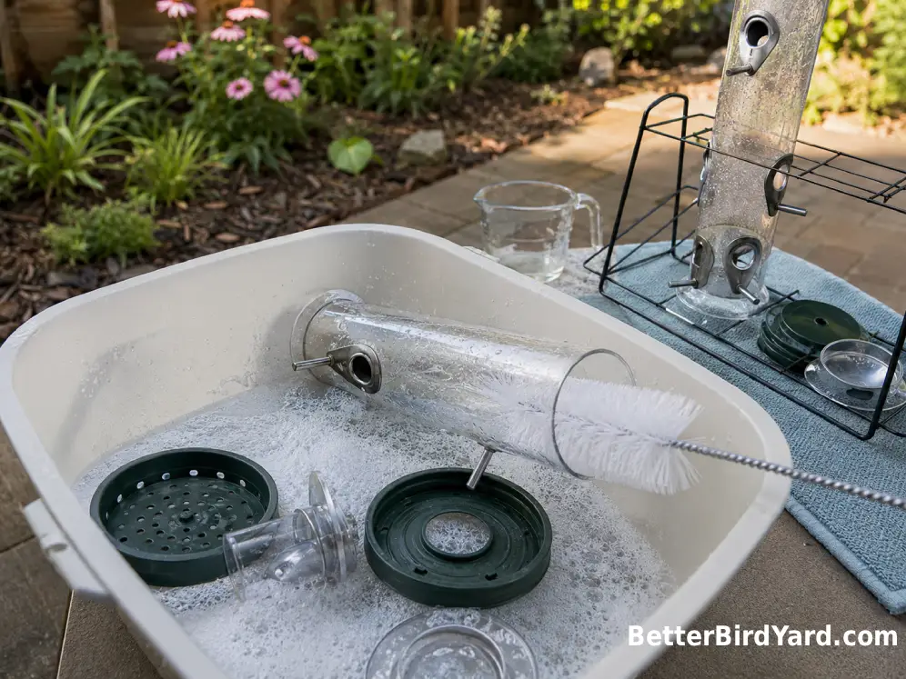 A disassembled seed feeder is being scrubbed with a bottle brush in a shallow outdoor wash tub.