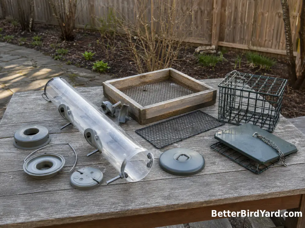 A tube feeder, platform tray, and suet cage are disassembled into simple washable parts on a patio table.