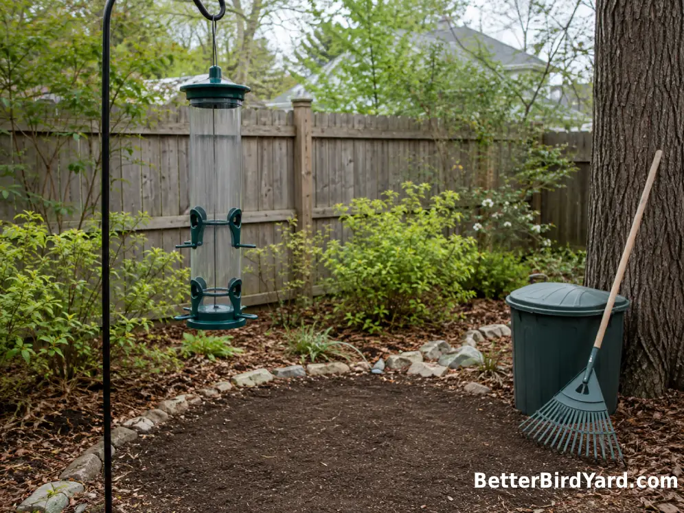 An empty cleaned feeder hangs above a freshly swept feeding area in a quiet backyard.