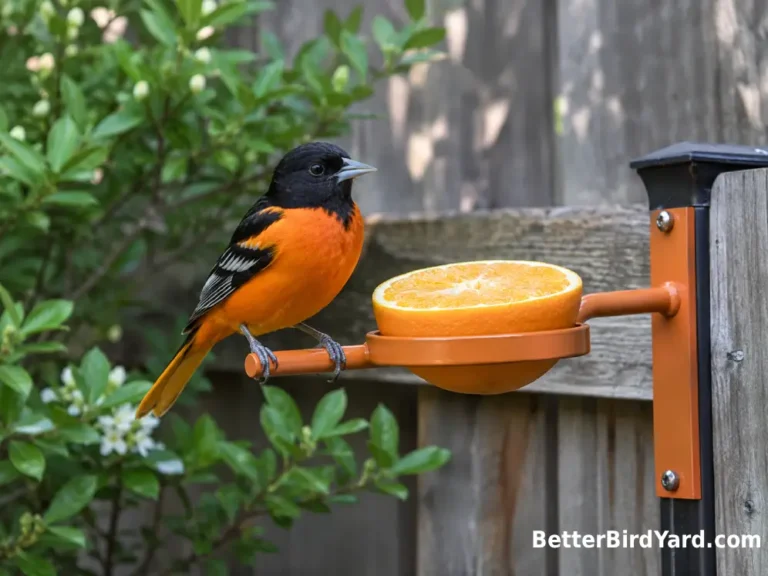 A Baltimore Oriole perches beside a fresh orange half on a clean backyard feeder.