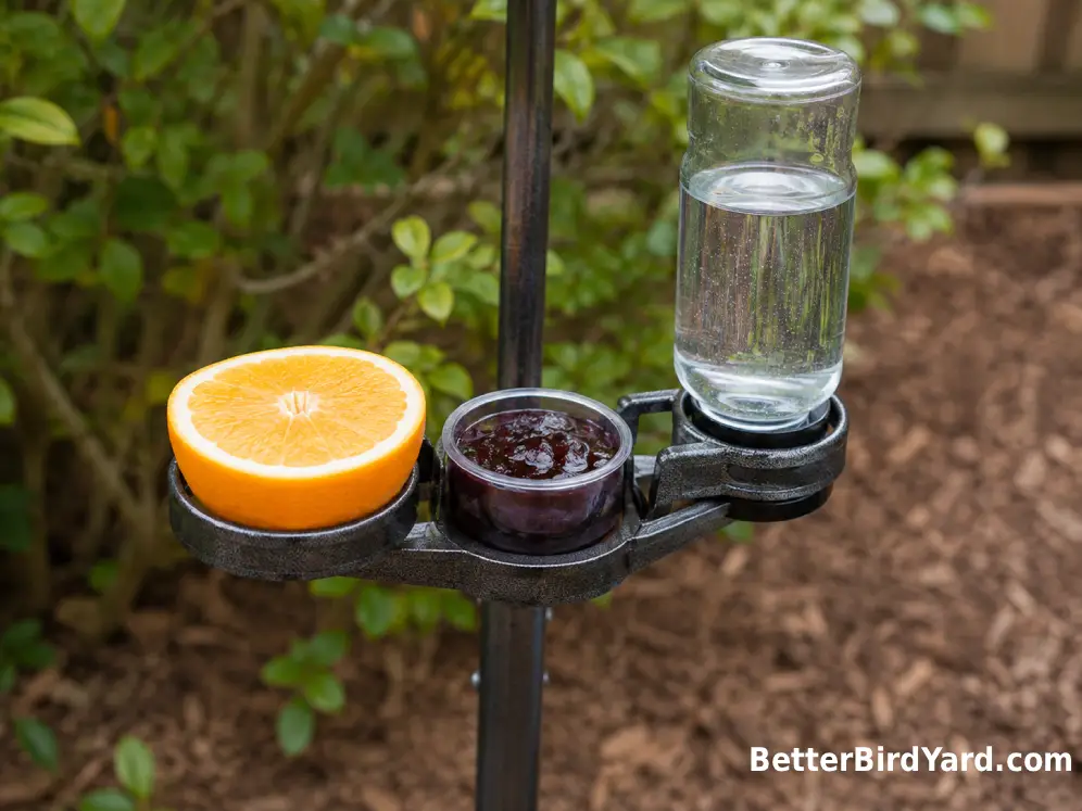A clean oriole feeder holds an orange half, a small serving of jelly, and clear nectar.