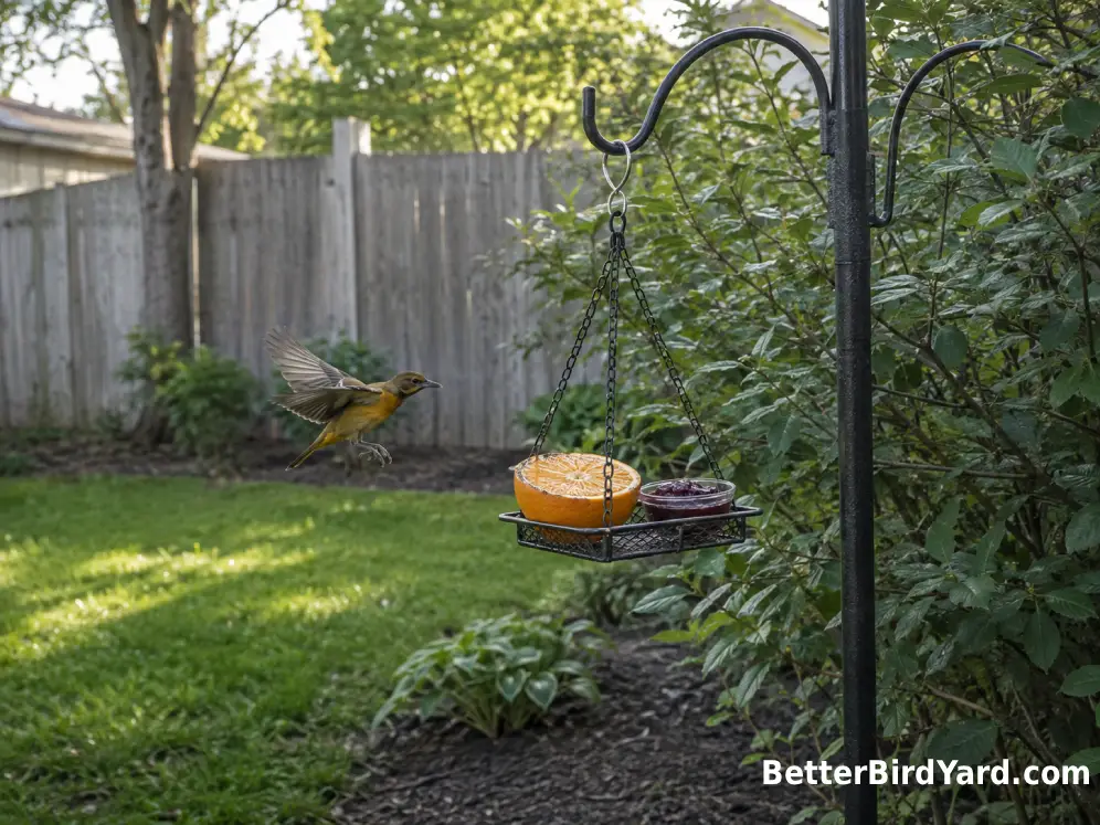 A compact oriole feeder hangs near leafy cover in a small fenced backyard.