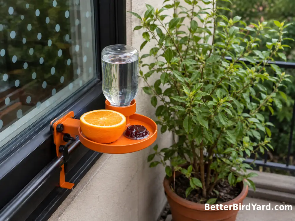 An oriole feeder is mounted close to a patio window treated with exterior bird-safe markings.