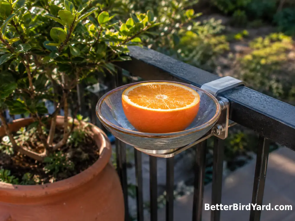 A homemade feeder holds an orange half securely on a small patio railing.