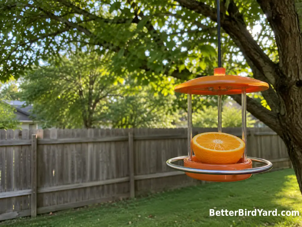 A fresh orange sits untouched on an oriole feeder in a quiet backyard.