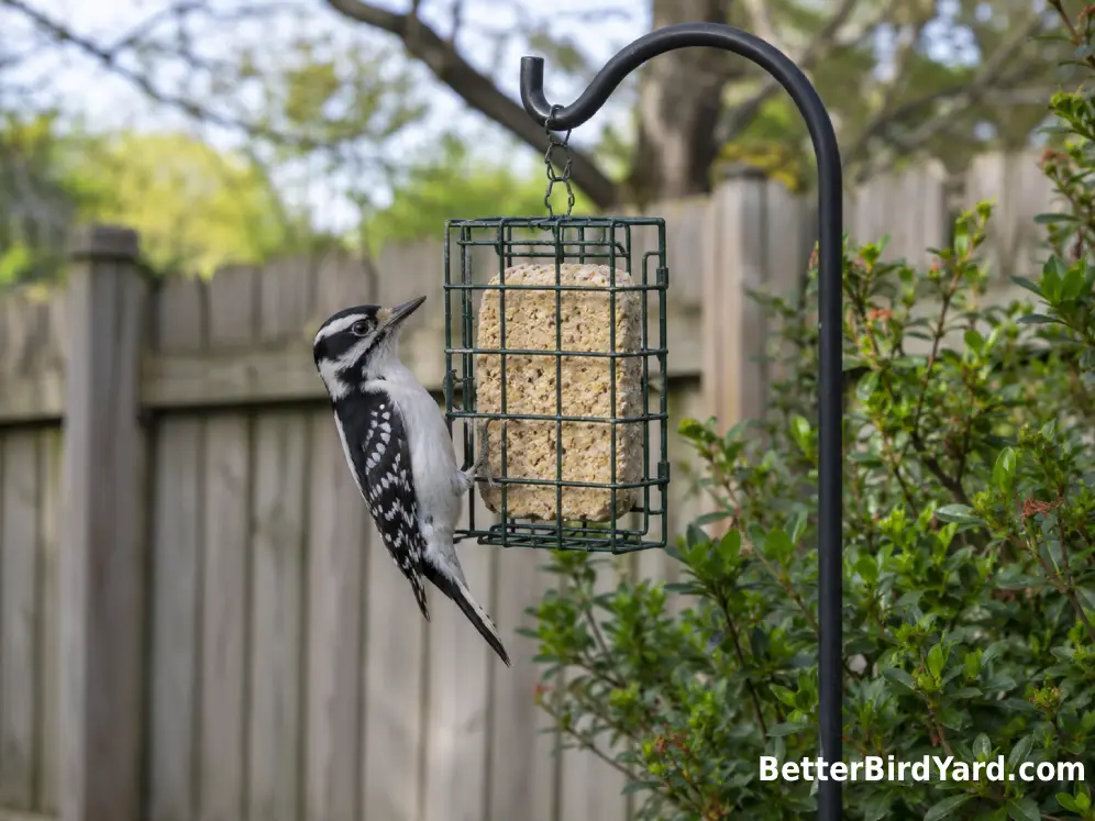 A Downy Woodpecker clings to a wire suet cage beside backyard shrubs.