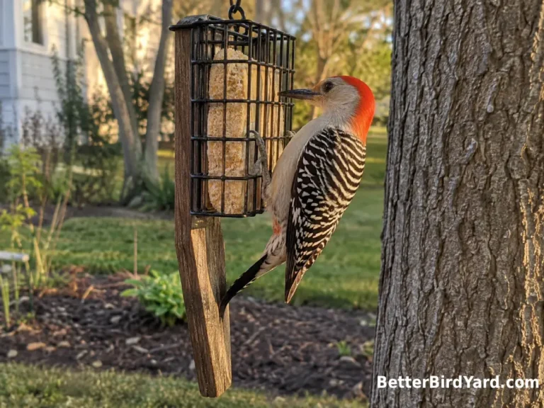 A Red-bellied Woodpecker feeds from a suet cage with a wooden tail prop.