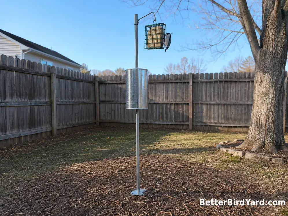 A suet feeder hangs above a metal squirrel baffle in an open backyard.