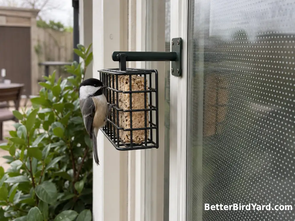 A chickadee visits a suet feeder mounted close to a marked patio window.