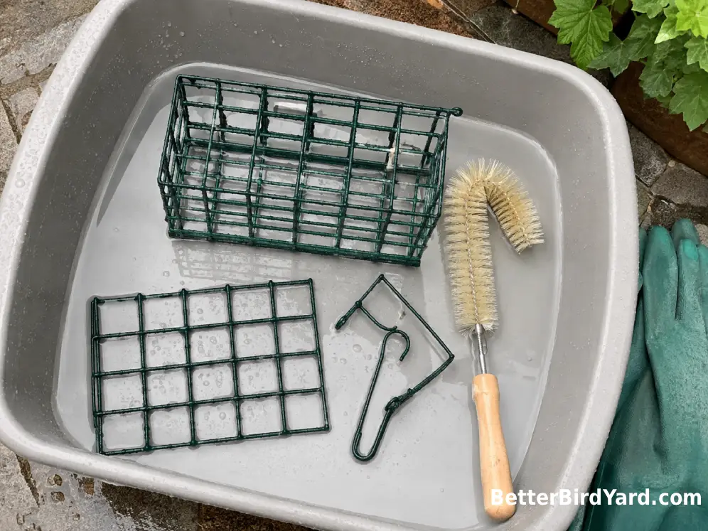 A metal suet cage and cleaning brush sit in a shallow outdoor basin.