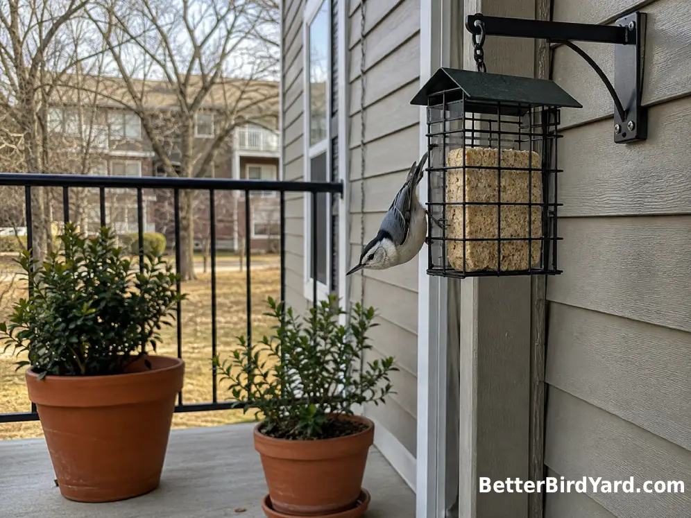 A White-breasted Nuthatch visits a compact suet feeder on an apartment patio.