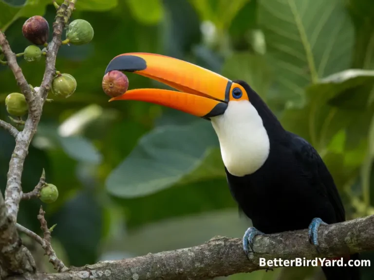 A Toco Toucan holds a small ripe fruit at the tip of its bill on a tropical branch.