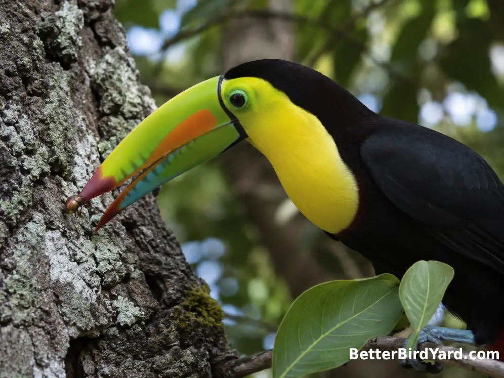 A Keel-billed Toucan picks a beetle from the bark of a tropical tree.