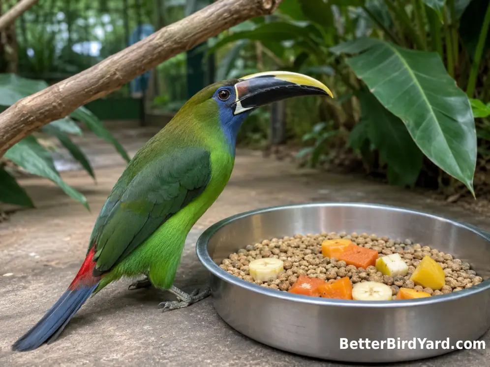 A Green Aracari stands beside a clean feeding tray containing pellets and several pieces of fresh fruit.