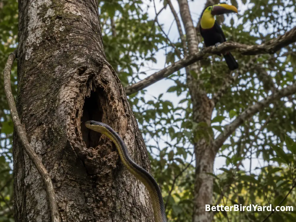 A tree-climbing snake approaches an empty nest cavity while a toucan watches from a higher branch.