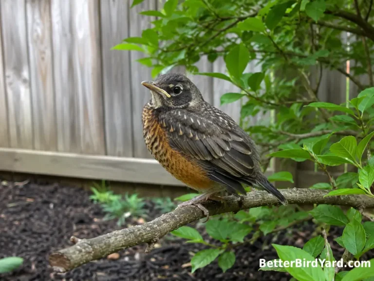 A feathered young robin rests on a low shrub branch in a quiet backyard.