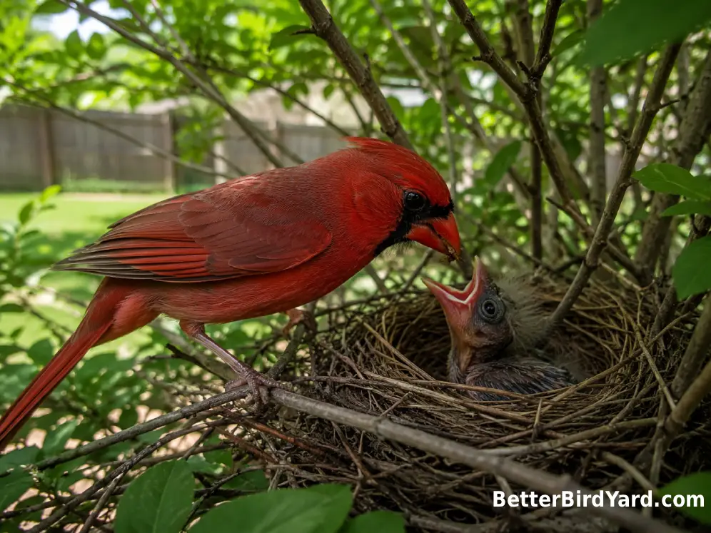 An adult Northern Cardinal brings an insect to a nestling in a shrub nest.