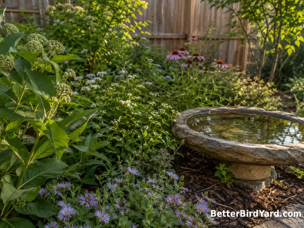 Native shrubs and flowers grow beside a clean shallow bird bath in a small backyard.