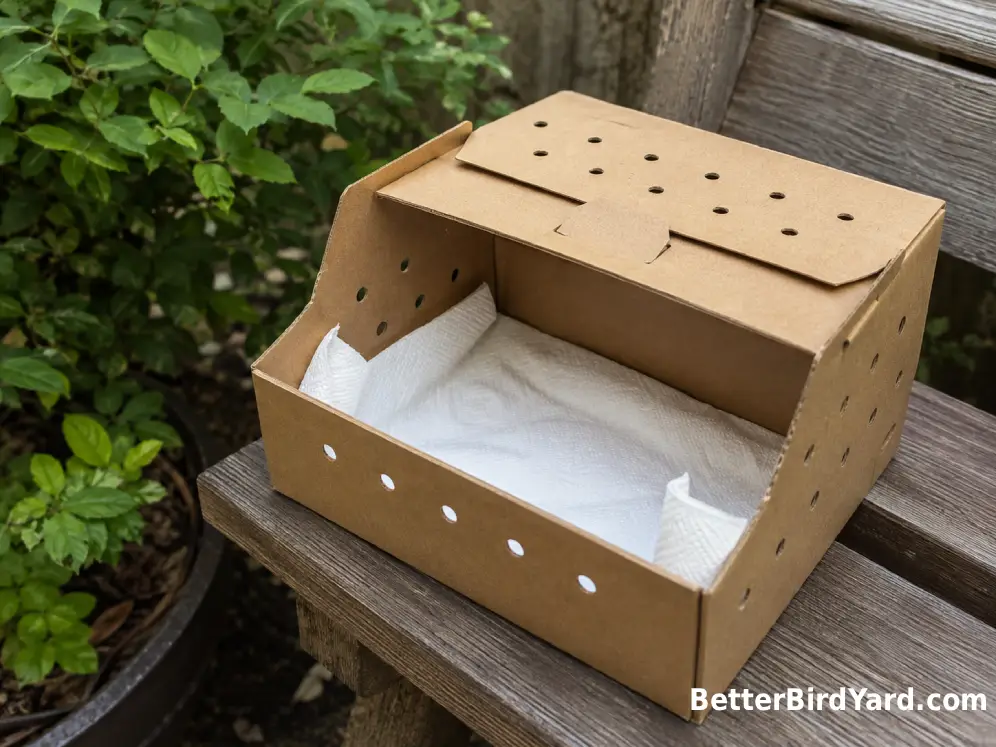 A closed ventilated wildlife transport box rests in a quiet shaded patio area.