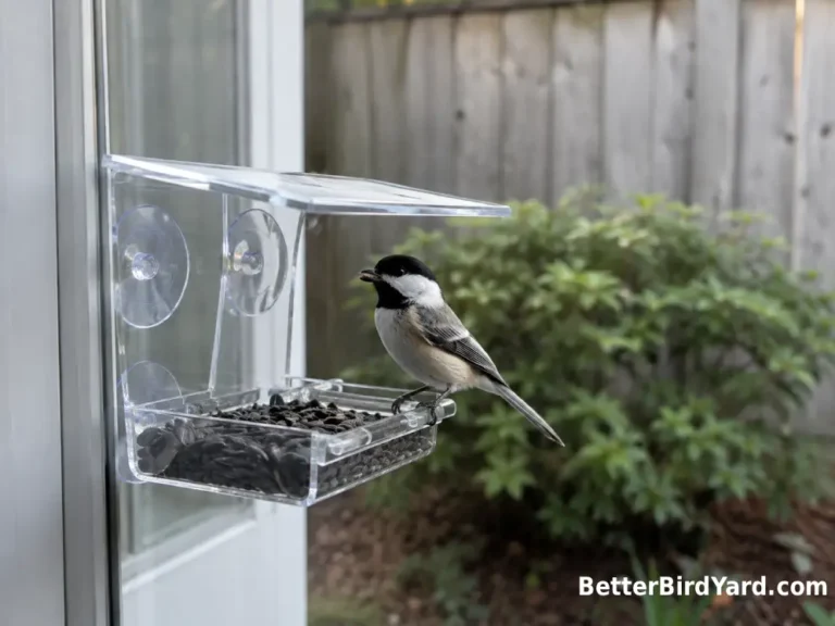 A clear suction cup bird feeder is attached to a suburban kitchen window with a chickadee perched on its tray.