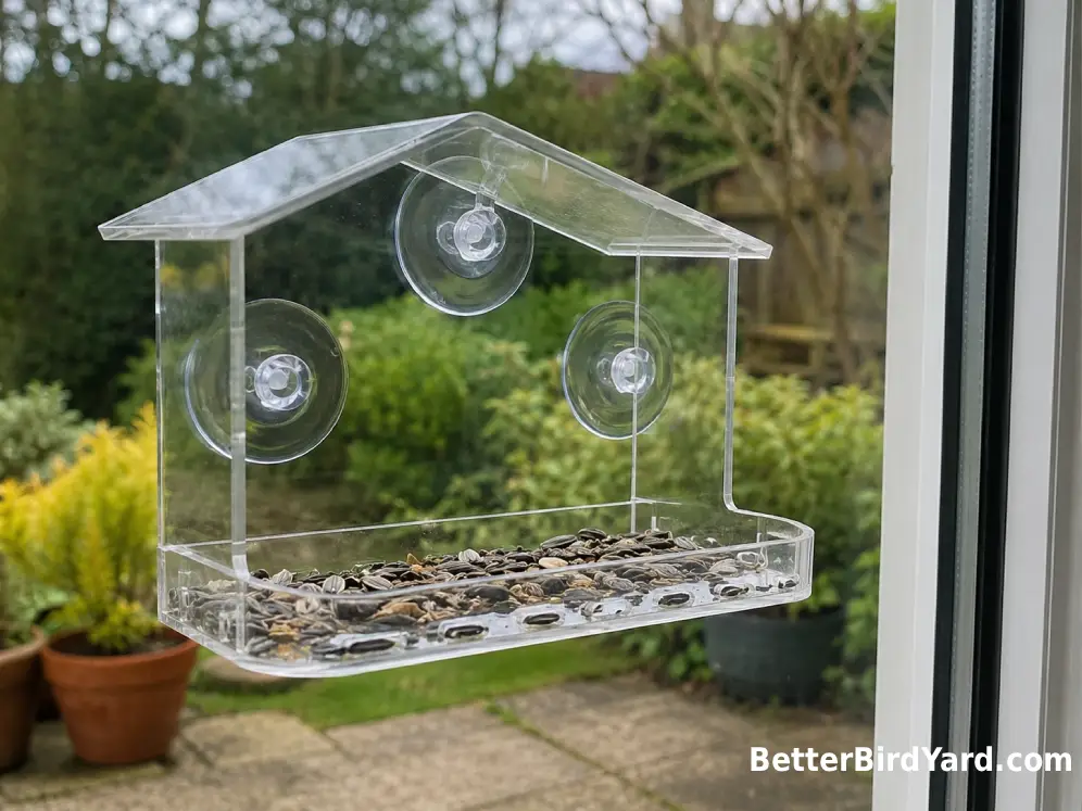 A clear window feeder with a roof, drainage holes, removable seed tray, and three suction cups is shown in close detail.
