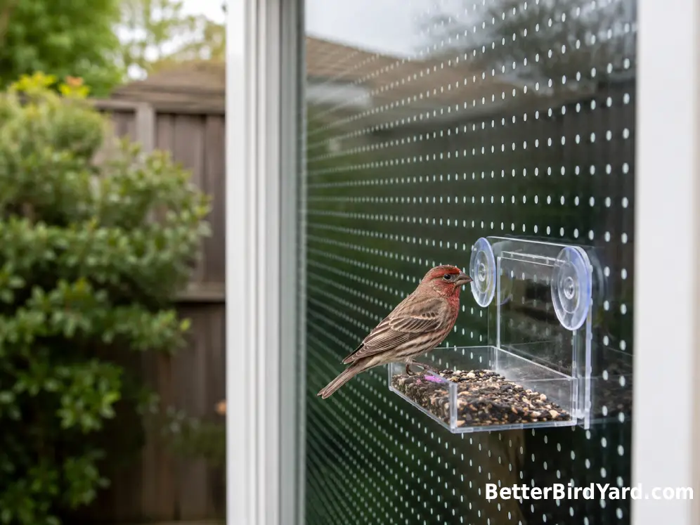 A window-mounted feeder sits beside a dense exterior dot pattern that makes the glass visible to birds.
