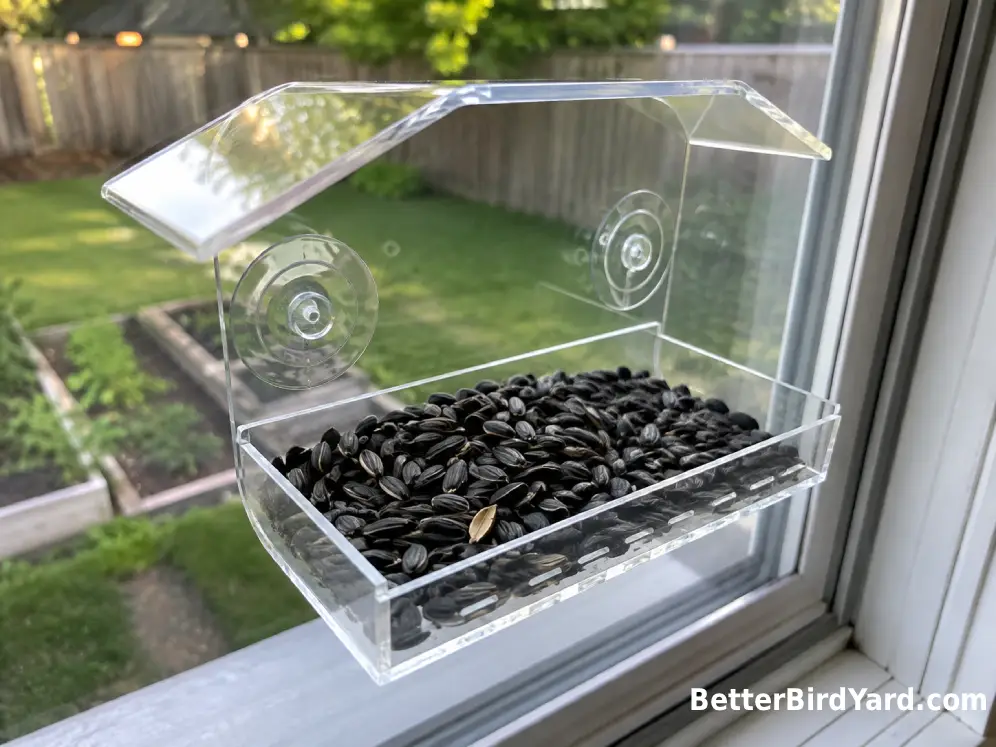 A shallow window feeder tray contains a small portion of dry black oil sunflower seed.