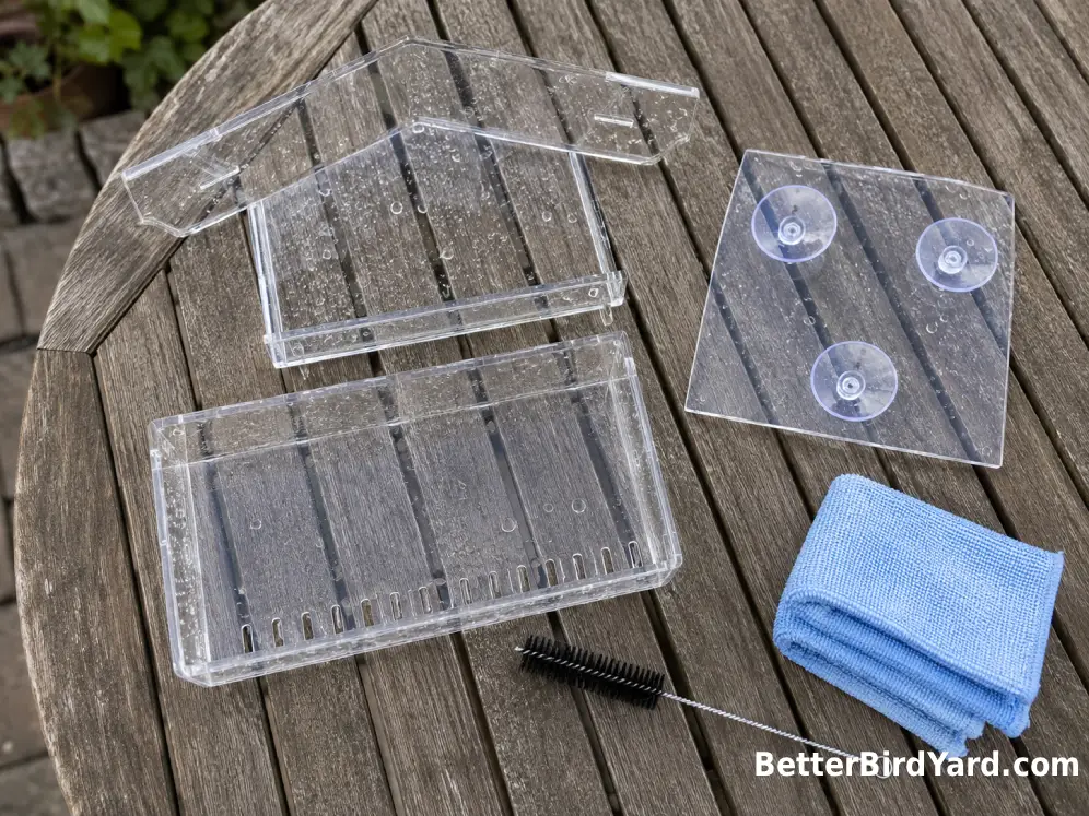 A disassembled acrylic window feeder is being air-dried beside a small cleaning brush on a patio table.