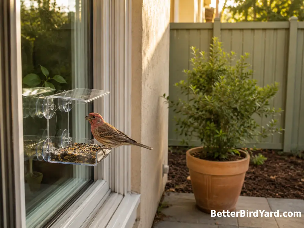 A compact suction cup feeder is attached to an apartment window above a tidy container garden.