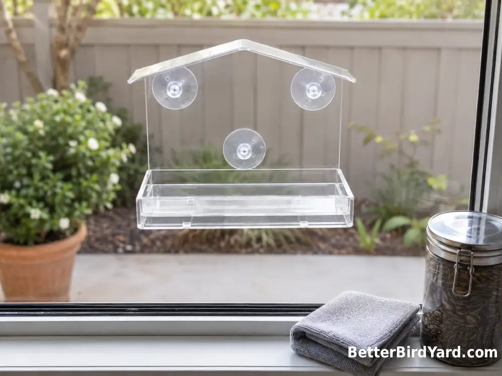 An empty, freshly cleaned window feeder is shown beside a closed seed container after feeding has been paused.