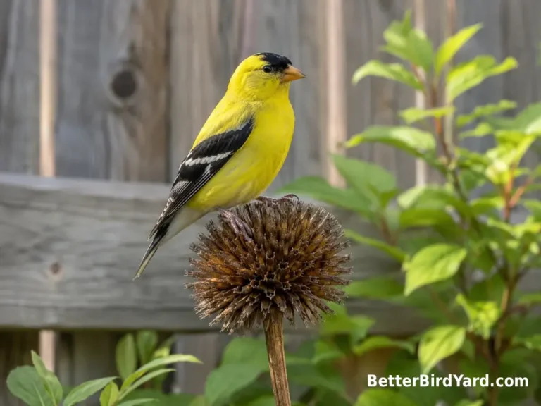 A breeding male American Goldfinch perched on a native seed head in a suburban backyard.