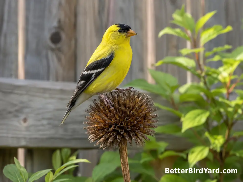 A breeding male American Goldfinch perched on a native seed head in a suburban backyard.