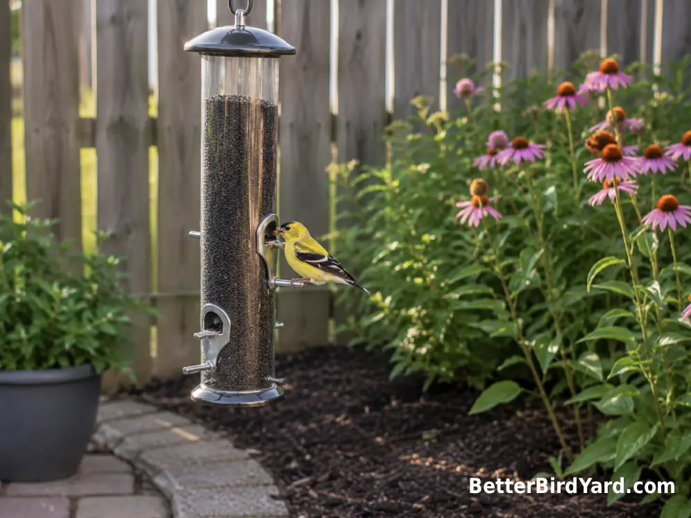A compact finch feeder beside native plants on a small backyard patio.