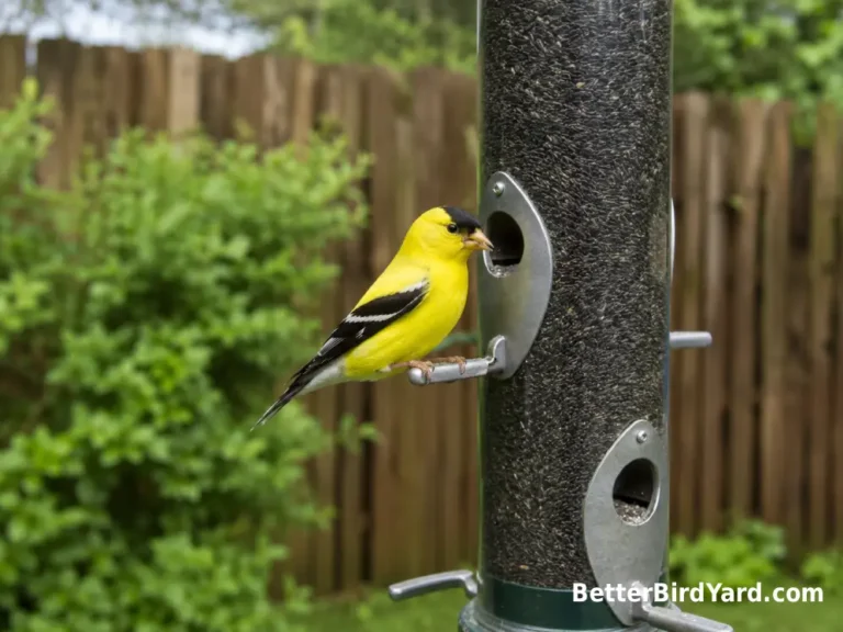 American Goldfinch perched on a clean metal nyjer feeder in a suburban backyard.