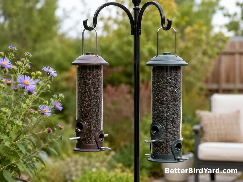 Small nyjer and sunflower tube feeders hanging beside backyard plants.