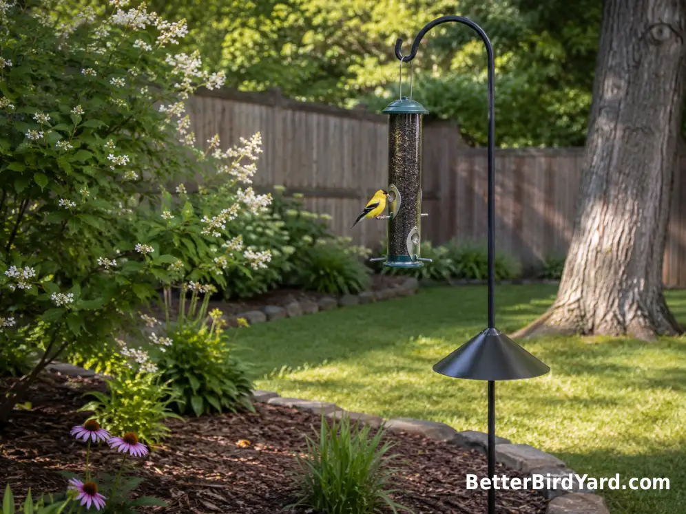 Nyjer feeder on a baffled pole beside shrubs and a mulched backyard bed.
