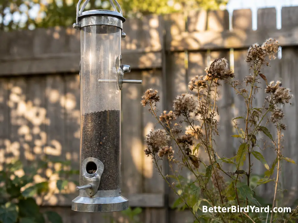 Fresh nyjer feeder hanging beside seed-bearing backyard plants with no birds present.