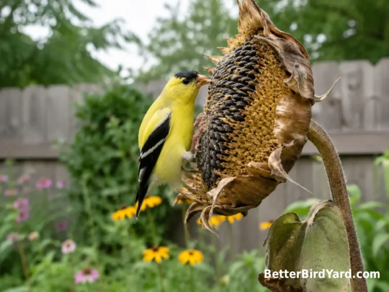 An American Goldfinch feeds from a dried sunflower seed head in a suburban garden.