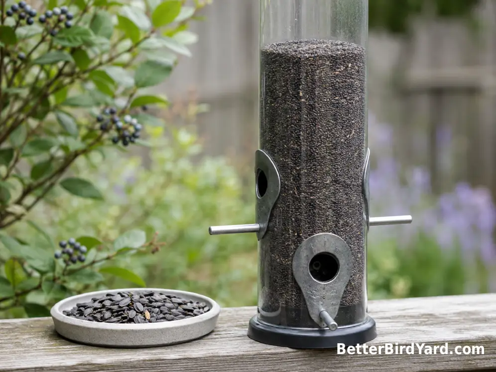 A small finch feeder holds nyjer seed beside a dish of black-oil sunflower seed.