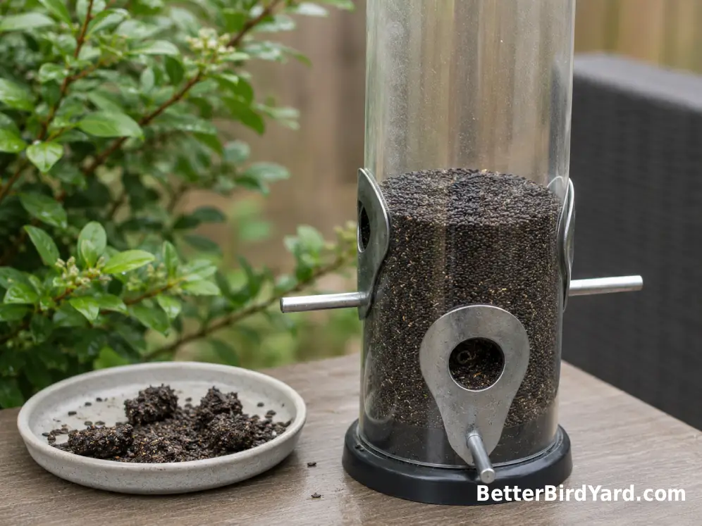A clean finch feeder holds fresh loose nyjer seed beside a small amount of clumped old seed.