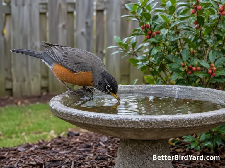 An American Robin drinks from a shallow bird bath beside a native shrub and mulched planting bed.
