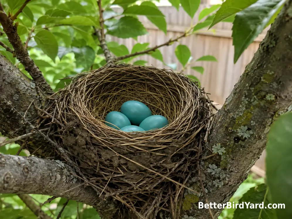 An American Robin nest with blue eggs rests securely on a sheltered tree branch in a suburban yard.