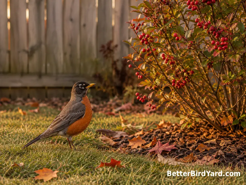 An American Robin stands at the edge of an autumn lawn beside a shrub with ripe berries.