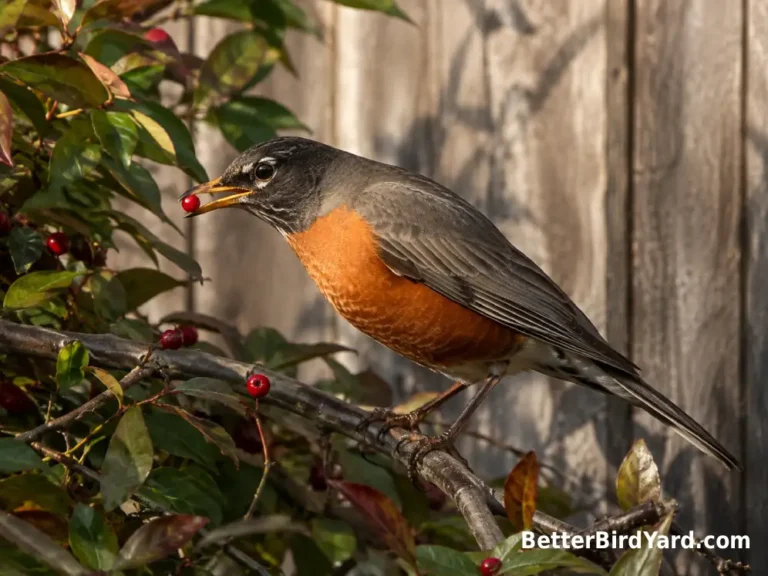 American Robin picking a red berry from a leafy backyard shrub.