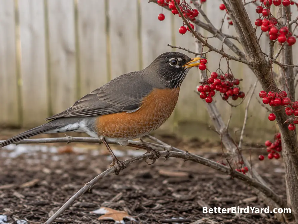 American Robin eating red berries from a winter shrub in a suburban yard.