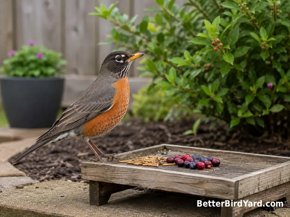 American Robin beside a low platform feeder holding fresh berries and mealworms